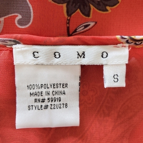 2/$35 Sale COMO Design Bohemian Orange Paisley Print Flowy Top Size S (8-10)EUC - Picture 10 of 11